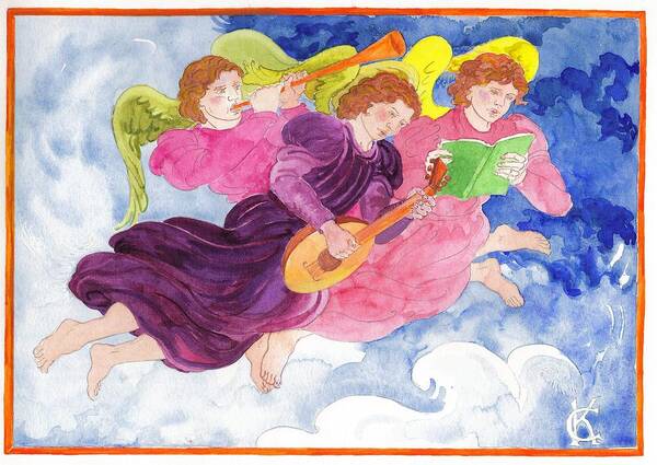 Angels Poster featuring the painting Celestial Musical Angels Serenade with Lute Horn and Song by Catinka Knoth