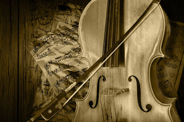 Cello Poster featuring the photograph Cello Stringed Instrument with Sheet Music and Bow in Sepia by Randall Nyhof