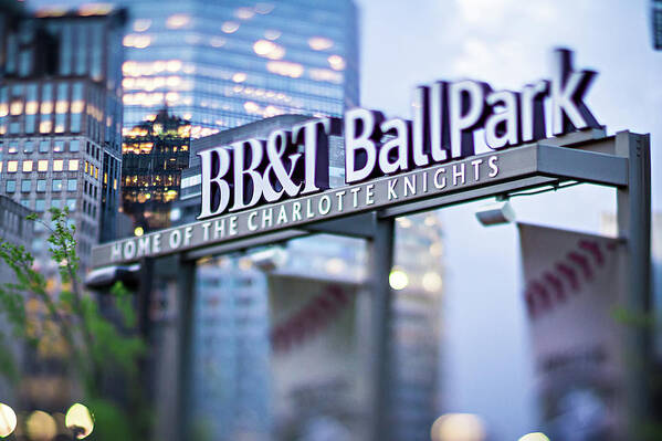Skyline Poster featuring the photograph Charlotte NC USA BBT baseball park sign by Alex Grichenko