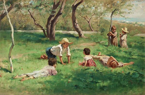 Georg Pauli Poster featuring the painting Children Playing Outdoors by MotionAge Designs