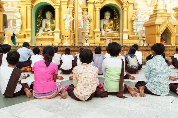 Buddha Poster featuring the photograph Children Pray at Shwedagon Pagoda by Dean Harte