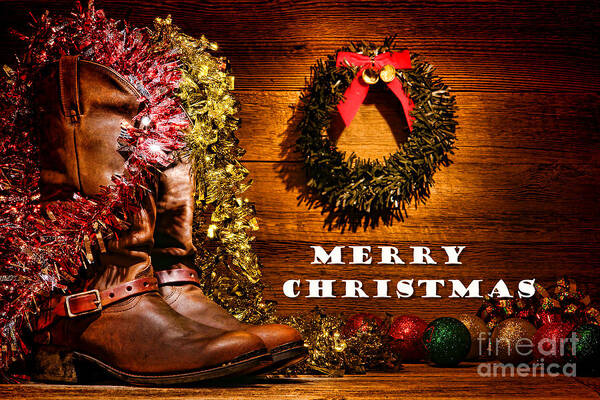 Merry Poster featuring the photograph Christmas Cowboy Boots - Merry Christmas by Olivier Le Queinec