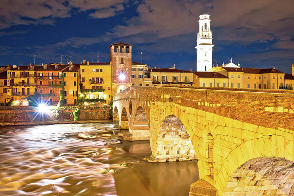 Verona Poster featuring the photograph City of Verona Adige riverfront evening view by Brch Photography