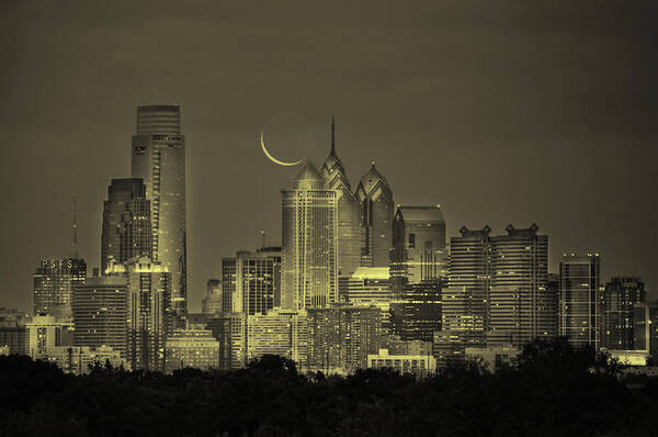 Cityscape Poster featuring the photograph Cityscape - Philadelphia Pennsylvania- Cresent Moon in Sepia by Bill Cannon