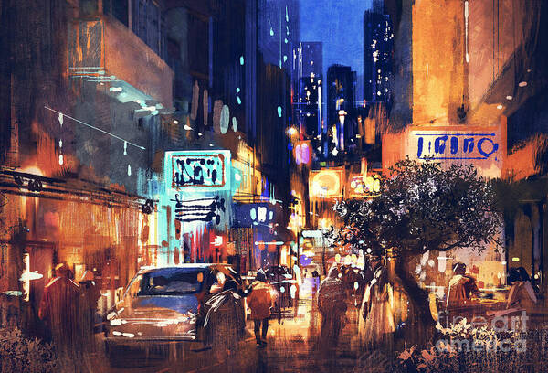 Abstract Poster featuring the painting Colorful Night Street by Tithi Luadthong