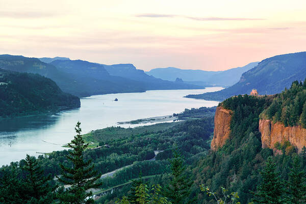 Sunset Poster featuring the photograph Columbia River With Vista House by Mary Jo Allen