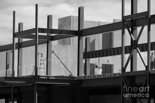 Construction Build Building Steel Iron Work Worker Workers Concrete Beam Beams Black White Monochrome Poster featuring the photograph Construction Zone 2158 by Ken DePue