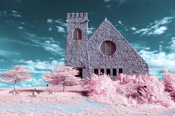 Old Stone Church West Boylston W W. Architecture Stonewall Outside Outdoors Sky Clouds Trees Bushes Brush Grass Geese Birds Newengland New England U.s.a. Usa Brian Hale Brianhalephoto Ir Infrared Infra Red Historic Poster featuring the photograph Cotton Candy Church 1 by Brian Hale