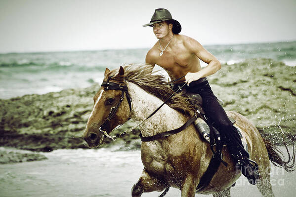 Horse Poster featuring the photograph Cowboy riding horse on the beach by Dimitar Hristov
