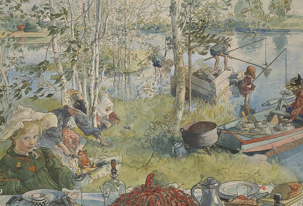 19th Century Art Poster featuring the painting Crayfishing. From A Home by Carl Larsson