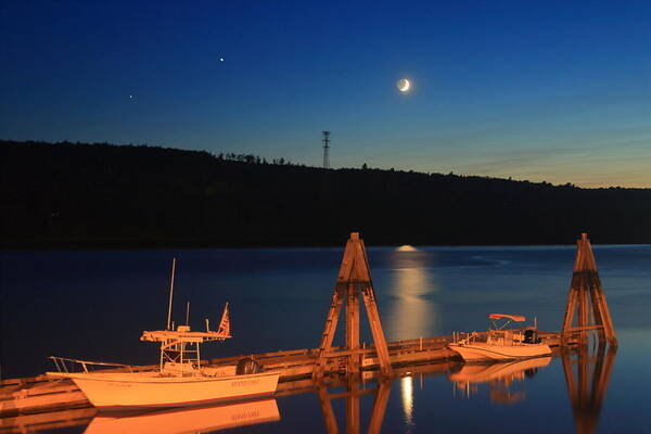 Maine Poster featuring the photograph Crescent Moon over Bucksport Maine Riverfront by John Burk