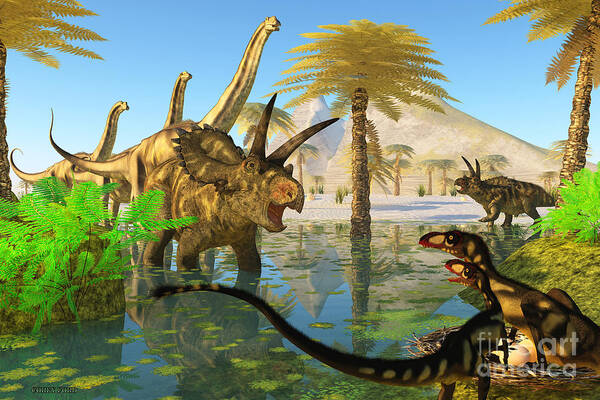 Coahuilaceratops Poster featuring the painting Cretaceous Swamp by Corey Ford