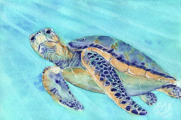 Watercolor Painting Hand Crush Seaturtle Sea Turtle Nemo Endangered Species Water Light Ocean Creature Animal Loggerhead Green Purple Blue Orange Ray Original Woman Owned Military Spouse Milspo Milspouse Small Business Betsy Hackett Artist Watercolorist Mom Poster featuring the painting Crush by Betsy Hackett