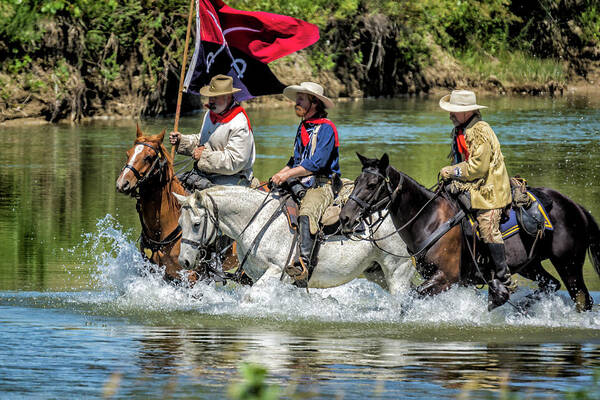 Little Bighorn Re-enactment Poster featuring the photograph Custer Crossing Little Bighorn River by Donald Pash