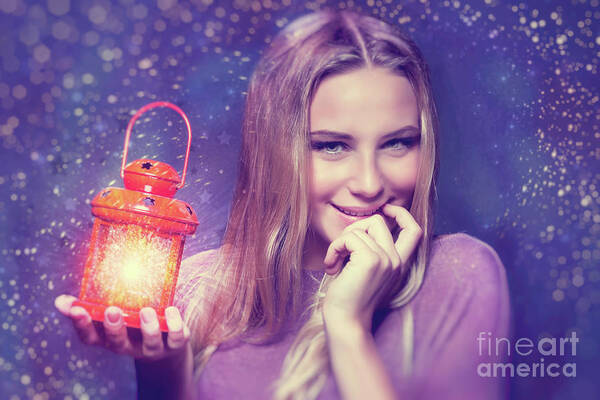 Background Poster featuring the photograph Cute girl at Christmas eve by Anna Om