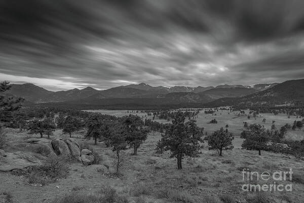 Rocky Mountains National Park Poster featuring the photograph Dark Clouds Passing in Rocky Mountains NP black and white by Michael Ver Sprill