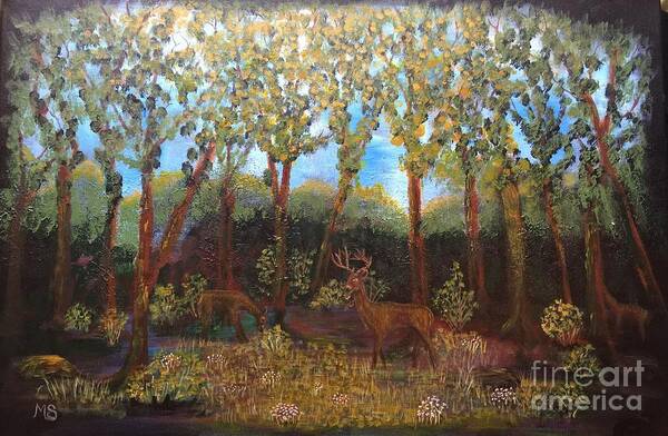 Deer Poster featuring the painting Deer In Woods by Monika Shepherdson