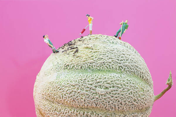 Clean Poster featuring the painting Dirty Cleaning On Sweet Melon II Little People On Food by Paul Ge