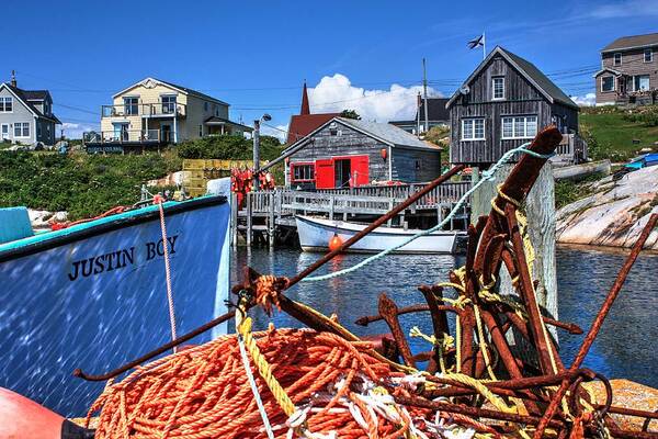 Peggys Cove Nova Scotia Harbourville Sea Ocean Boats Tided Fishing Pots Lobster Pots Huts Shacks Coast Village Rocks Shore Drift Wood Fish Sunset Harbour Tidal Lighthouses Huts Rope Anchors Poster featuring the photograph Dockside Peggys Cove by David Matthews