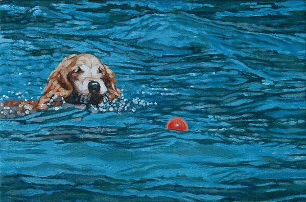 Dog Poster featuring the painting Dog Fetches Ball by Allan OMarra