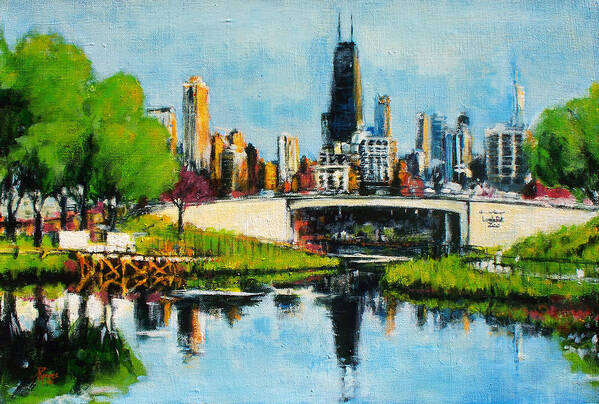 Robert Reeves Poster featuring the painting Downtown Chicago from Lincoln Park by Robert Reeves