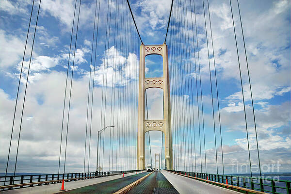 Driving Mackinac Bridge Michigan Straits Of Mackinaw Water Great Lakes Blue Sky Clouds Suspension Brigde Poster featuring the photograph Driving Mackinac Bridge Michigan I by Karen Jorstad