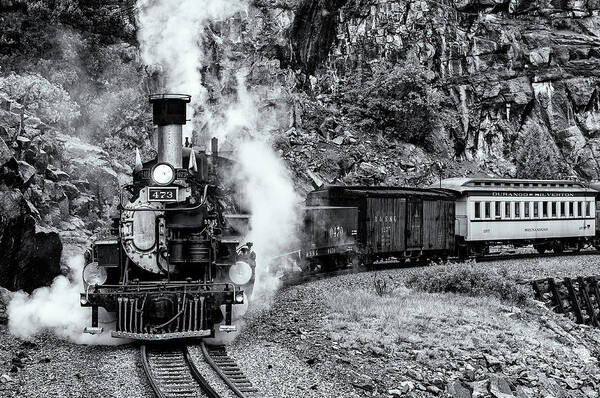 Trains Poster featuring the photograph Durango Silverton Train BandW by Angela Moyer