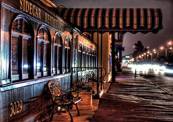 Night Bench Cityscape Sidecar Train Restaurant  Poster featuring the photograph Eatery by Wendell Ward