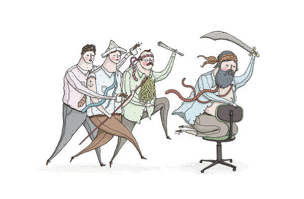 Four People Poster featuring the drawing Employees running in anger by David M Galletly