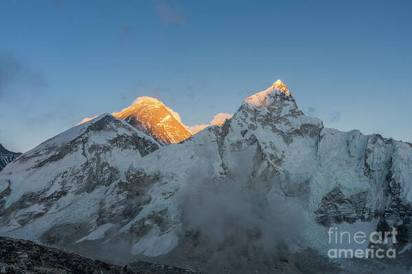Everest Poster featuring the photograph Everest and Lhotse Peaks Alpenglow by Mike Reid