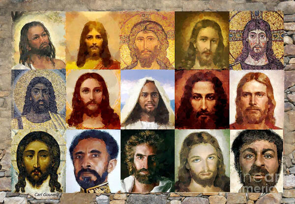 Faces Of Jesus Poster featuring the mixed media Faces of Jesus by Carl Gouveia