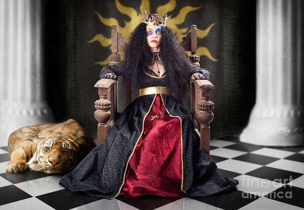 Queen Poster featuring the photograph Fashion queen in crown sitting in jester court by Jorgo Photography