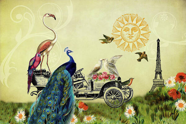 Whimsical Poster featuring the digital art Feathered Friends in Paris, France by Peggy Collins