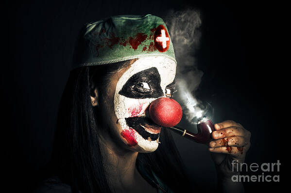 Clown Poster featuring the photograph Fine art horror portrait. Smoking surgeon clown by Jorgo Photography