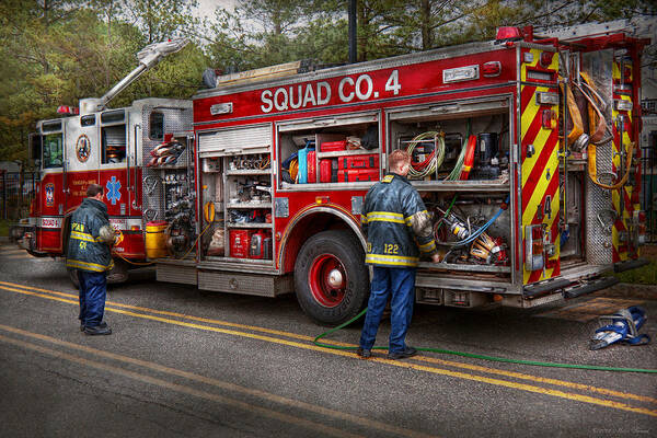 Firemen Poster featuring the photograph Firemen - The modern fire truck by Mike Savad