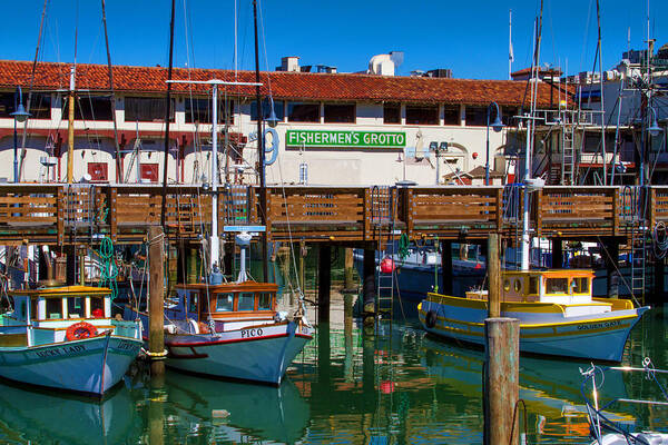 Bonnie Follett Poster featuring the photograph Fishermens Grotto with Wharf Boats by Bonnie Follett