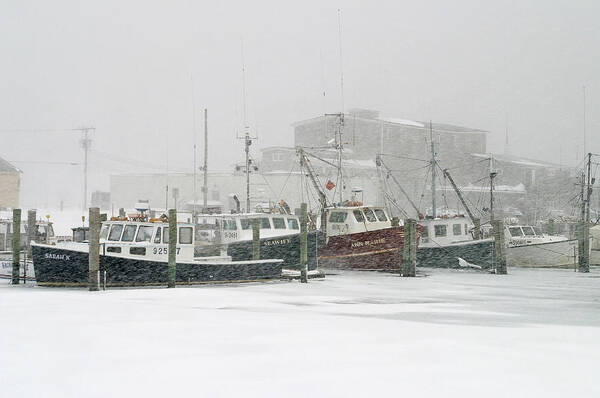 Winter Poster featuring the photograph Fishing boats during winter storm Sandwich Cape Cod by Matt Suess