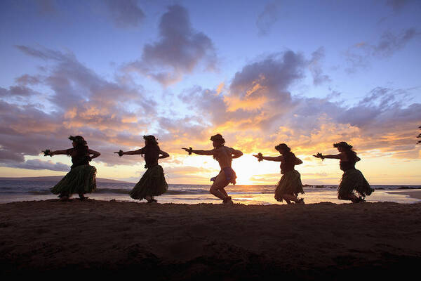 Aloha Poster featuring the photograph Five Hula Dancers At Sunset At The Beach At Palauea by David Olsen