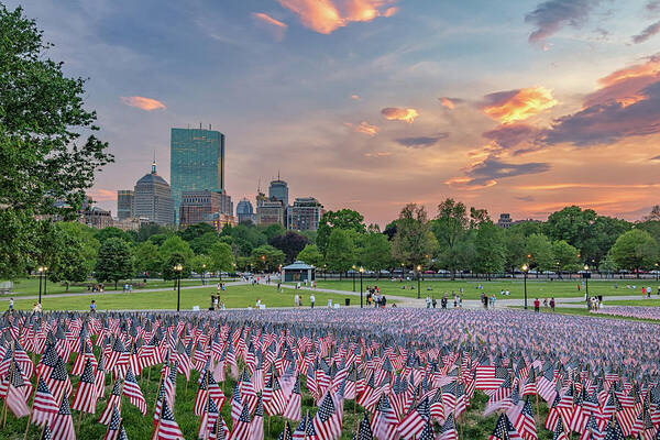 Boston Poster featuring the photograph Flag Sunset on Boston Common by Kristen Wilkinson