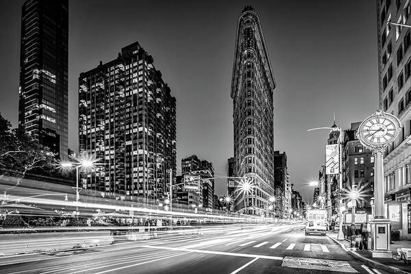 Flatiron Building Poster featuring the photograph Flatiron 5th Ave Clock NYC BW by Susan Candelario