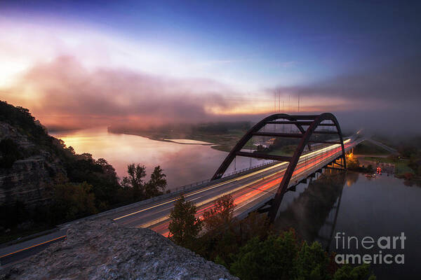 360 Bridge Poster featuring the photograph Fog rolls over the 360 Bridge during sunrise on a cold winters morning on Lake Austin, Texas by Dan Herron