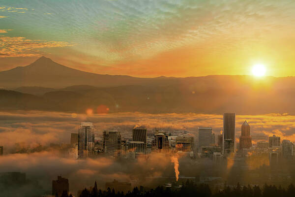 Portland Poster featuring the photograph Foggy Morning over Portland Cityscape during Sunrise by David Gn