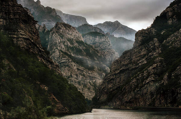 Outdoor Poster featuring the photograph Foggy mountains over Neretva gorge by Jaroslaw Blaminsky