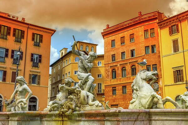 Navona Poster featuring the photograph Fontana del Nettuno, fountain of Neptune, Piazza Navona, Roma, Italy by Elenarts - Elena Duvernay photo