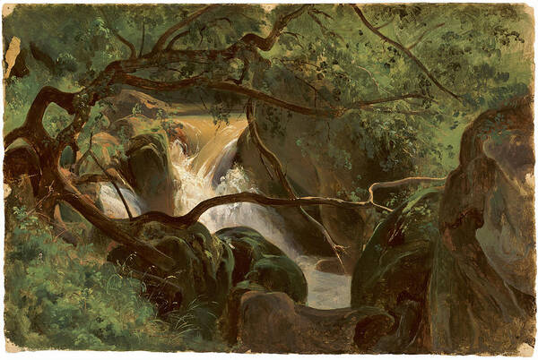 Artist Poster featuring the painting Forest Interior With A Waterfall Papigno by Andre Giroux