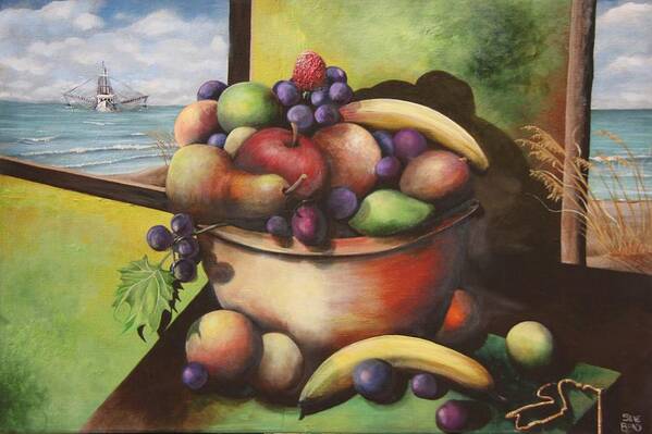 Bowl Filled With Fruit Poster featuring the painting Fruit On The Beach by Virginia Bond