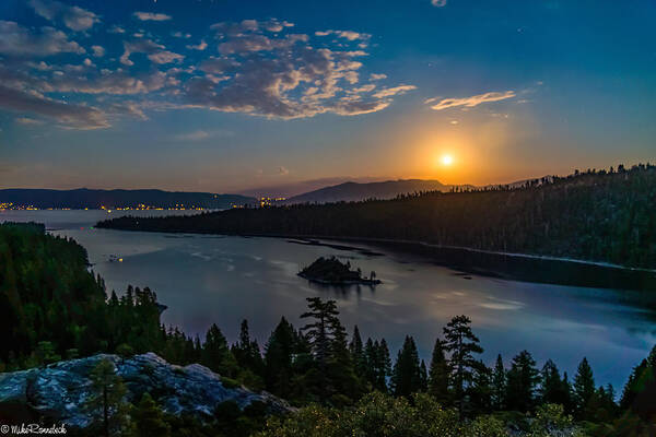 Emerald Bay Poster featuring the photograph Full Moon Rising on Emerald Bay by Mike Ronnebeck