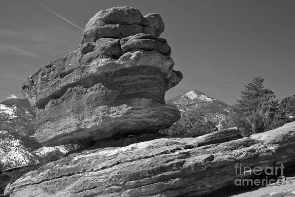 Black Poster featuring the photograph Garden Of The Gods Balanced Rock Black And White by Adam Jewell