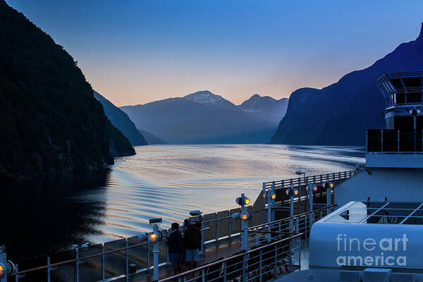 Fjord Poster featuring the photograph Geiranger Fjord with Queen Victoria in foreground by Sheila Smart Fine Art Photography