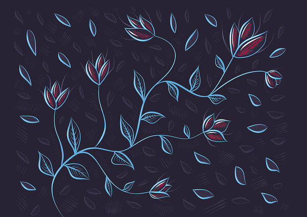 Glow Poster featuring the digital art Glowing Blue Abstract Flowers by Boriana Giormova